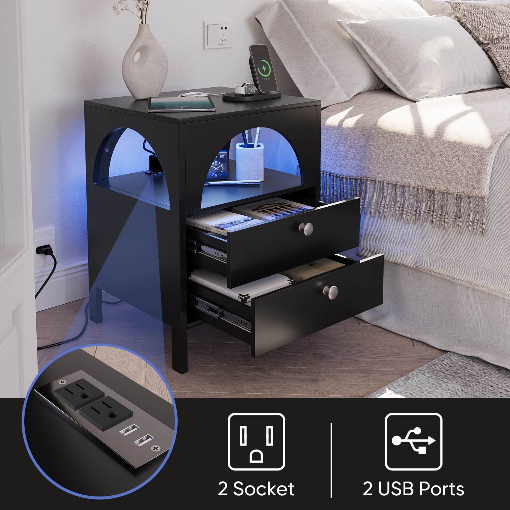 Algherohein Modern LED Nightstand with Charging Station,2 Drawers Open Shelf Bedside Table for Bedroom,Black,Adult,Sturdy Wood
