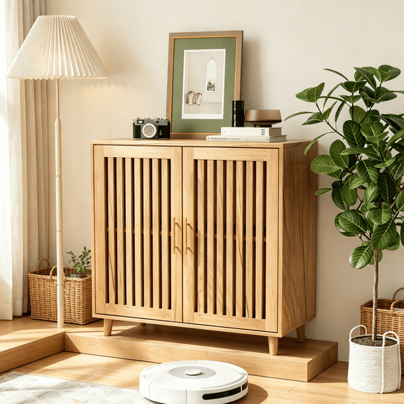 Algherohein Modern Sideboard Buffet with Slatted Barn Doors, Wood Accent Storage Consol, TV Stand, Coffee Bar for Dining Room, Oak 2 Doors