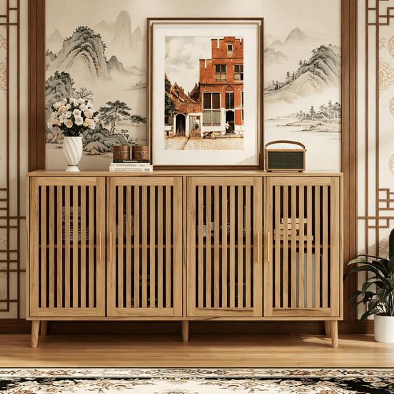 Algherohein Modern Sideboard Buffet with Slatted Barn Doors, Wood Accent Storage Consol, TV Stand, Coffee Bar for Dining Room, Oak 4 Doors