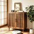 thumbnail image 1 of Algherohein Modern Sideboard Buffet with Slatted Barn Doors, Wood Accent Storage Consol, TV Stand, Coffee Bar for Dining Room, Walnut 2 Doors, 1 of 6