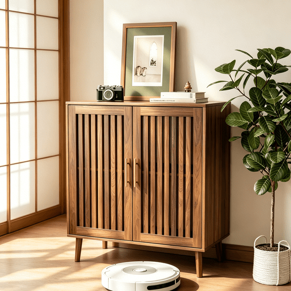 Algherohein Modern Sideboard Buffet with Slatted Barn Doors, Wood Accent Storage Consol, TV Stand, Coffee Bar for Dining Room, Walnut 2 Doors