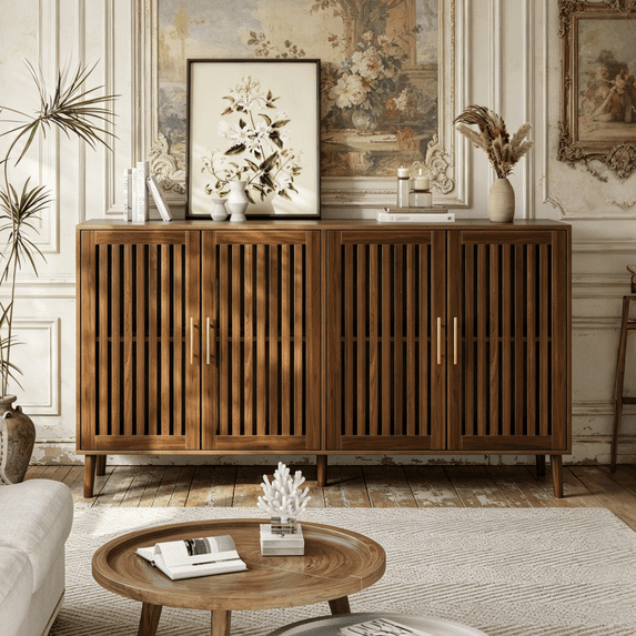 Algherohein Modern Sideboard Buffet with Slatted Barn Doors, Wood Accent Storage Consol, TV Stand, Coffee Bar for Dining Room, Walnut 4 Doors