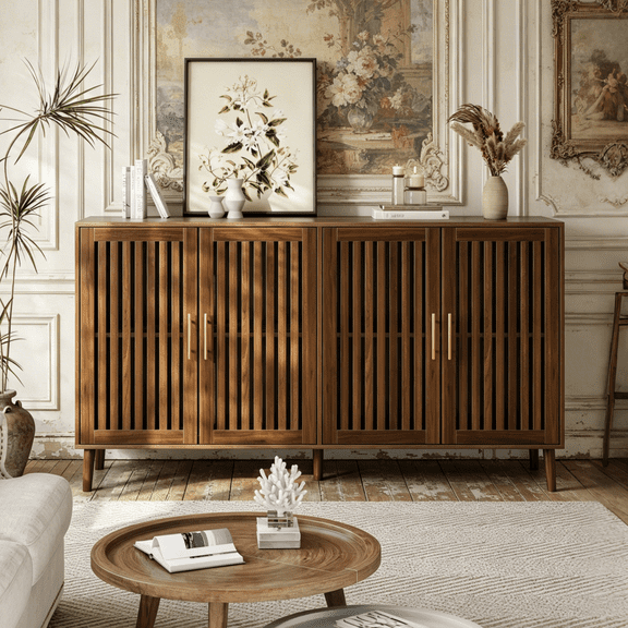 Algherohein Modern Sideboard Buffet with Slatted Barn Doors, Wood Accent Storage Consol, TV Stand, Coffee Bar for Dining Room, Walnut 4 Doors