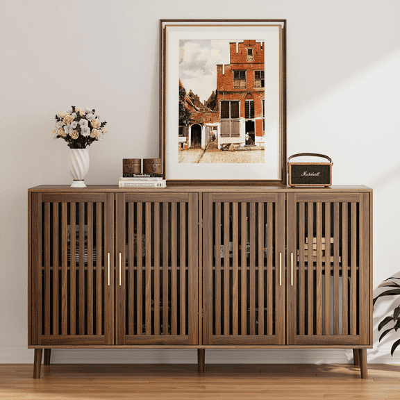 Algherohein Modern Sideboard and Buffets Cabinet,Entryway Cabinet with 4 Grille Striped Door