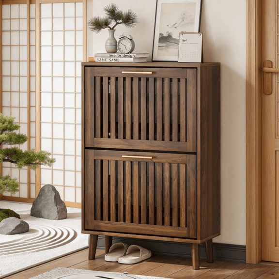 Algherohein Narrow Shoe Cabinet for Entryway, Freestanding Wooden Shoe Organizer Cabinet with 2 Flip Drawers & Adjustable Shelves, Walnut 23.6"W