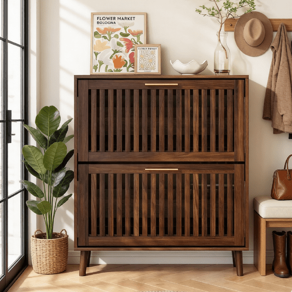 Algherohein Narrow Shoe Cabinet for Entryway, Freestanding Wooden Shoe Organizer Cabinet with 2 Flip Drawers & Adjustable Shelves, Walnut 31.5"W