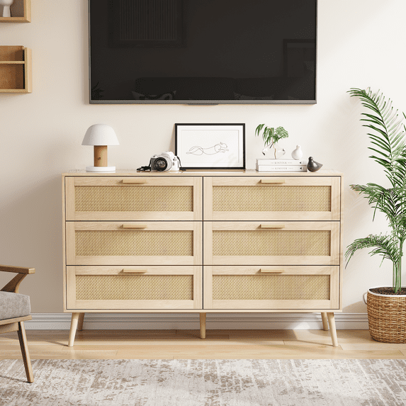 Algherohein Rattan Double Dresser with 6 Drawer for Bedroom,Natural Chest of Drawers,Adult
