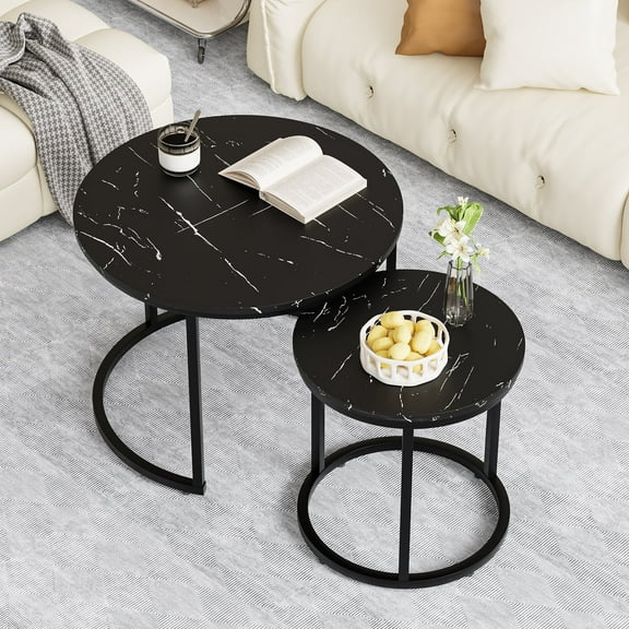 Algherohein Round Nesting Coffee Table Modern Marble Top Set of 2 for Living Room Black