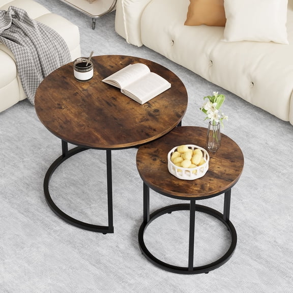 Algherohein Round Nesting Coffee Table Modern Marble Top Set of 2 for Living Room Black