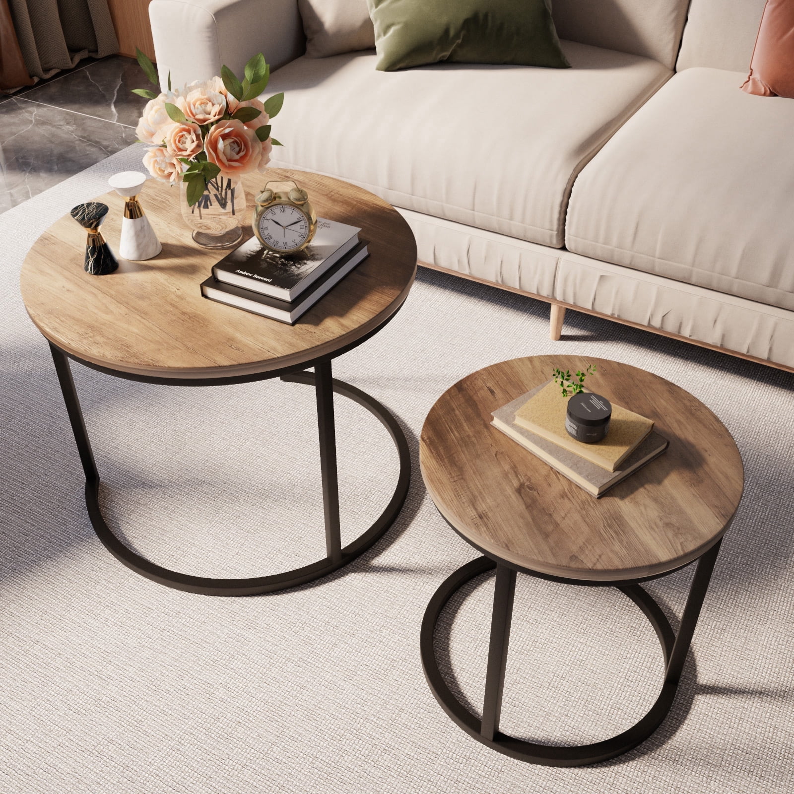 Algherohein Round Nesting Coffee Table Modern Marble Top Set of 2 for Living Room White Gold