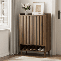 Algherohein Shoe Cabinet with Doors Mid-Century 7-Tier 24-Pair Adjustable Shelves Walnut Finish 1-Count