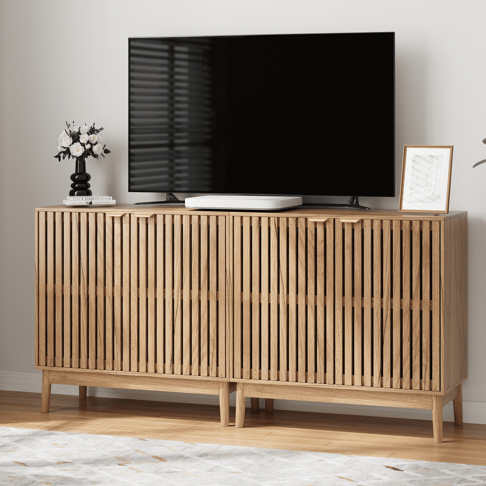 Algherohein Sideboard Cabinet with 4 Door & Adjustable Shelves, Kitchen Storage Organizer, Home Decor TV Stand for Living Room, 2 Pack Oak