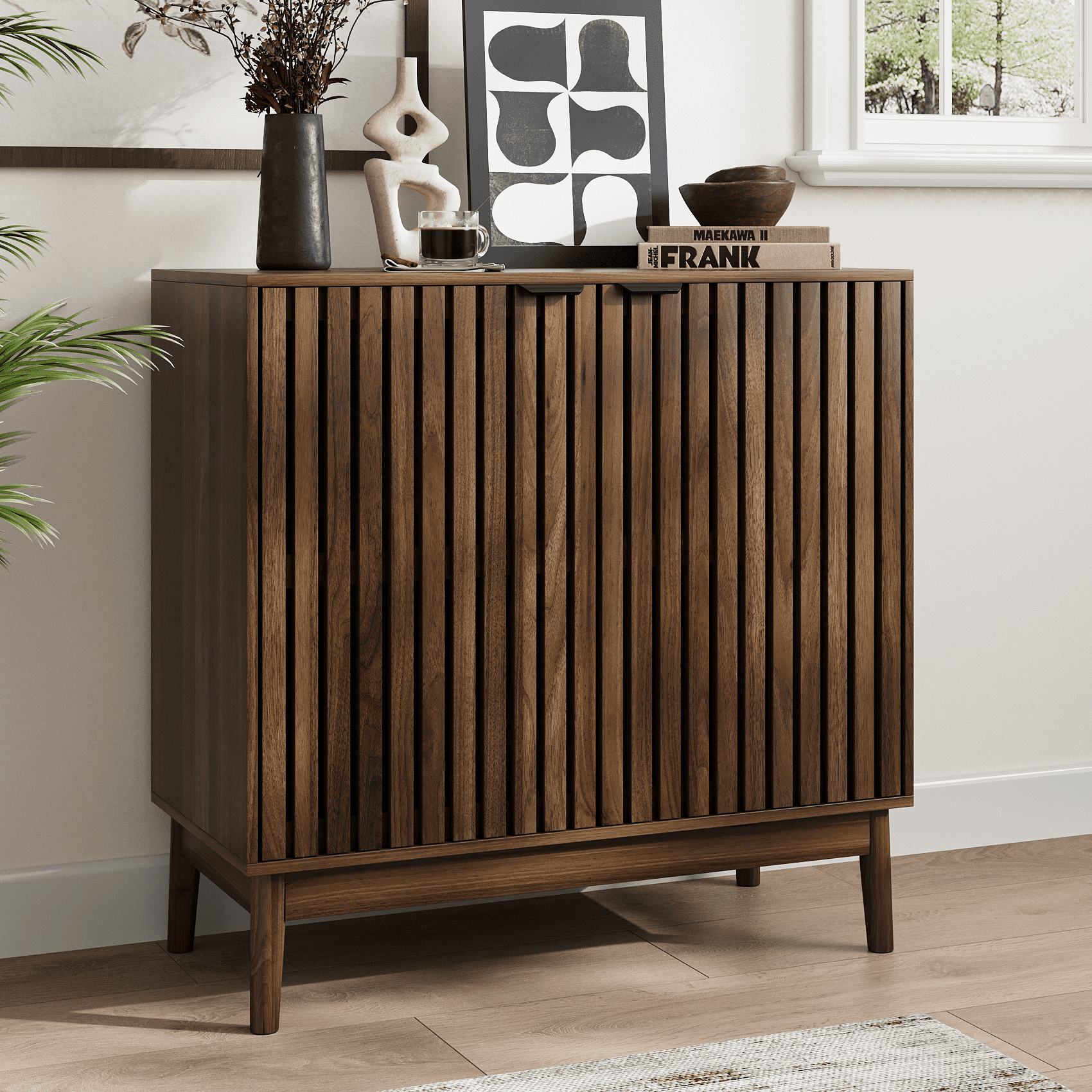 Algherohein Sideboard Cabinet with 4 Door & Adjustable Shelves, Kitchen Storage Organizer, Home Decor TV Stand for Living Room, Walnut