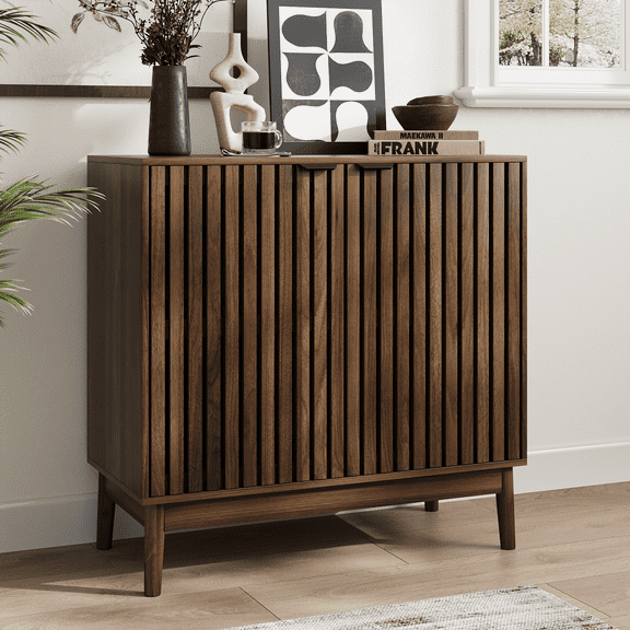 Algherohein Sideboard Cabinet with 4 Door & Adjustable Shelves, Kitchen Storage Organizer, Home Decor TV Stand for Living Room, Walnut