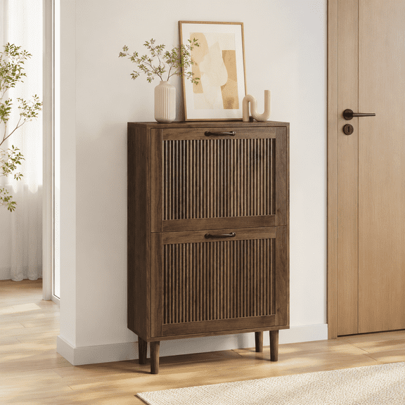 Sjor Racj 6-Tier Wooden Shoe Cabinet with Sliding Door, Adjustable Shelves ...