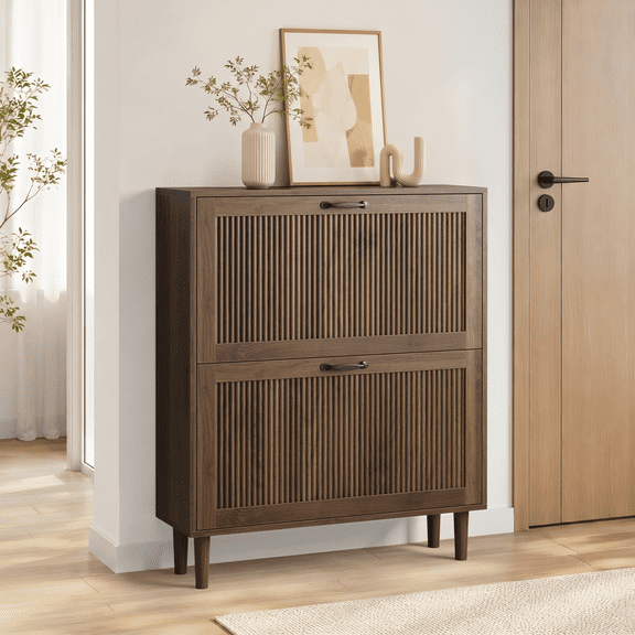 Algherohein Slim Hidden Shoe Cabinet with Fluted Doors, Flip Down Shoe Storage Cabinet Organizer, Freestanding Wood Entryway Shoe Rack, Walnut 31.5"W
