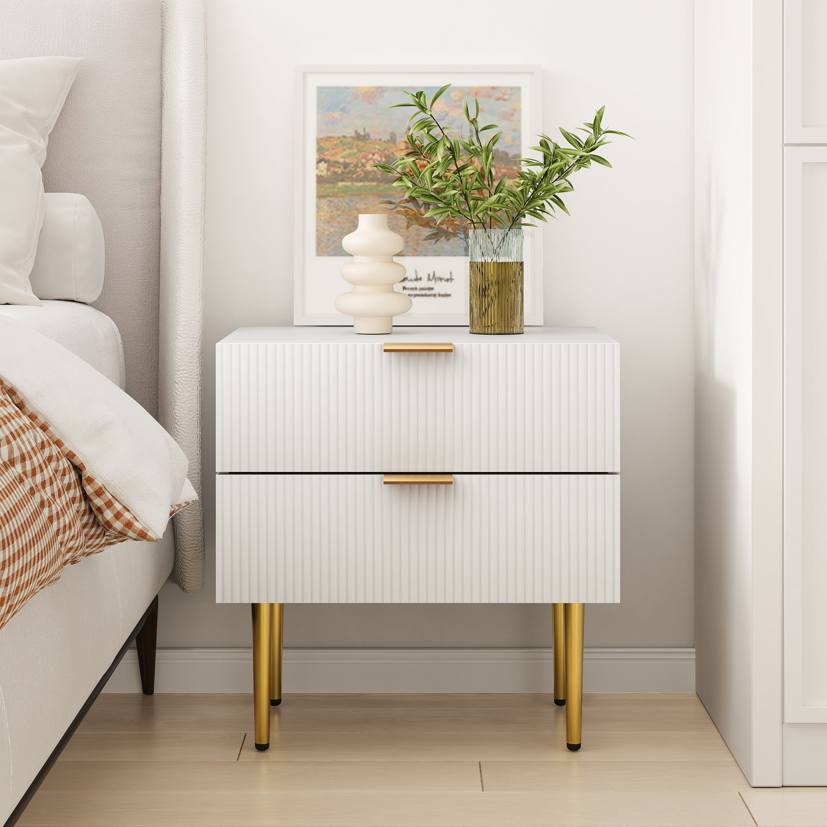 White Wave Pattern Nightstand with Gold Accents and 2 Drawers