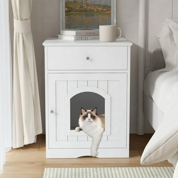 Algherohein Wood Multi-Function Pet Cat House, Cat Condo Nightstand with 1 Drawer,White
