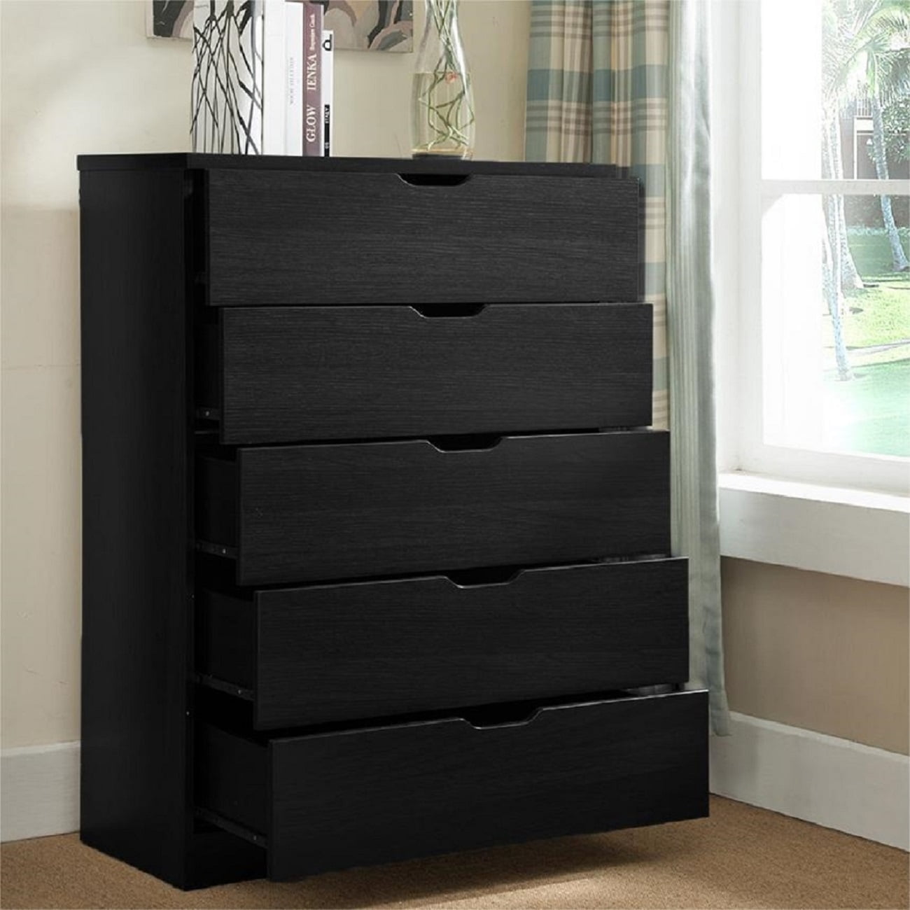 Algherohein 5-Drawer Tall Wood Dresser, Black Storage Cabinet Chest for ...