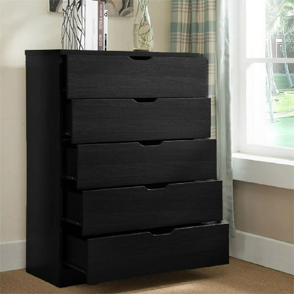 Algherohein Wood Tall Black Dresser with 5 Drawer for Bedroom,Storage Cabinet Chest of Drawers,Adult