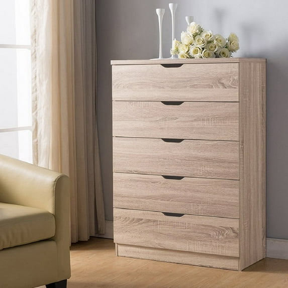 Algherohein Wood Tall Natural Dresser with 5 Drawer Bedroom Storage Cabinet Chest of Drawers,Adult