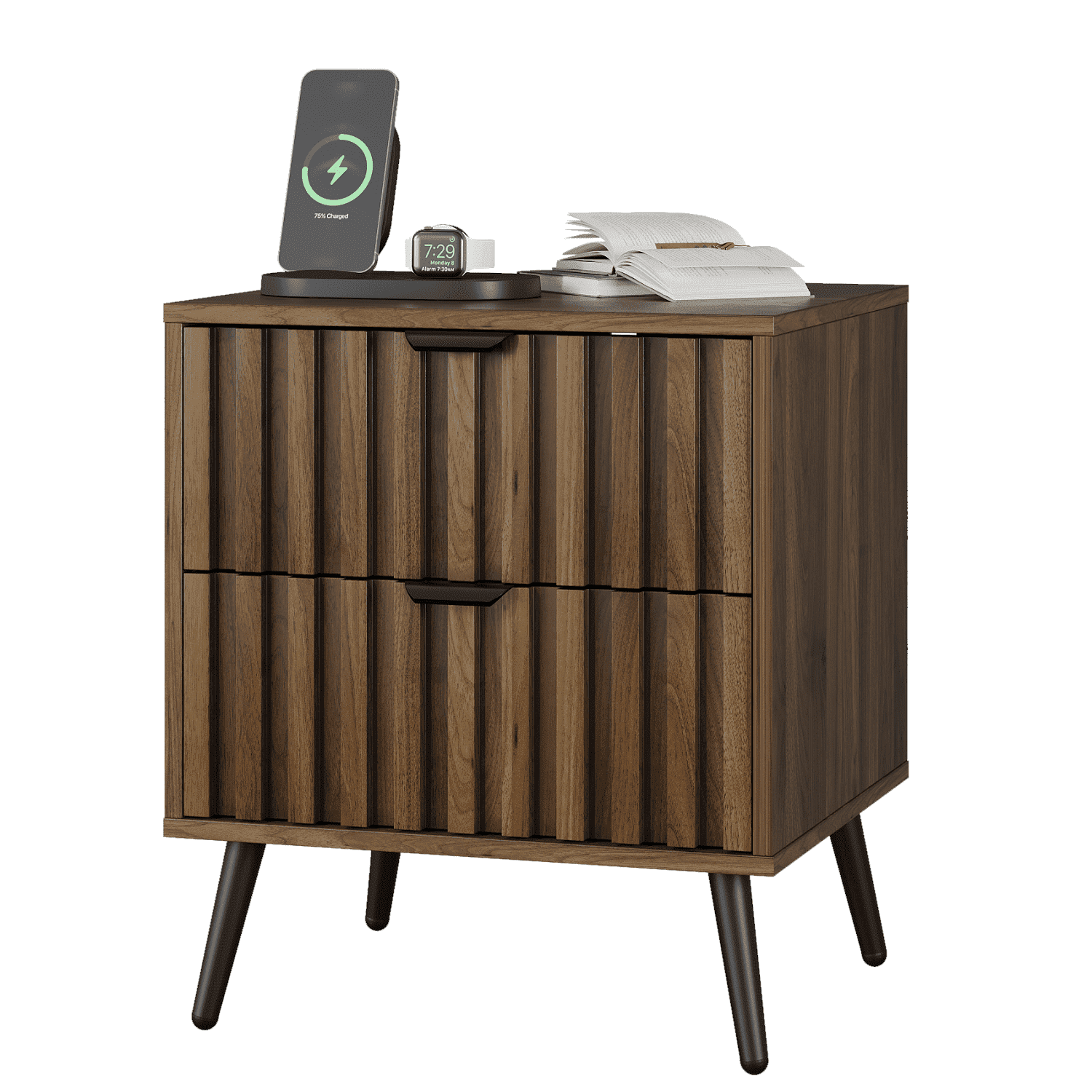 Algherohein Night Stands for Bedroom Set of 2,End Tables for Living Room with 2 Fluted Drawer,Walnut