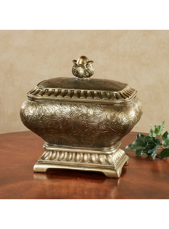 Algiers Traditional Satin Gold Etched Tabletop Decorative Covered Box with Removable Lid