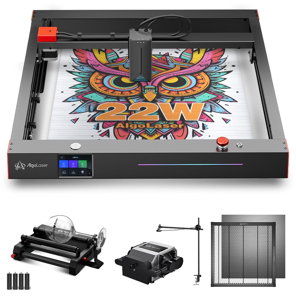 Algo Delta All-in-One Kit with 22W Engraver, Air Assist & Honeycomb for Engraving Cutting Machine, Lightburn Camera, RR2 Rotary, 3.5" Touch Screen Engraver for Dark Acrylic, Wood and Metal