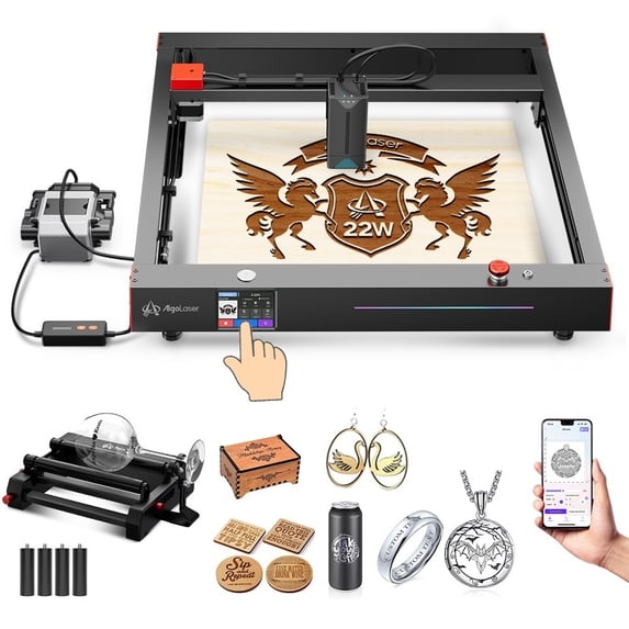AlgoLaser Delta Laser Engraver, 20W Higher Accuracy Laser Engraver with Air Assist, Rotary and Raiser, 3.5" Touch Screen APP Offline Control, DIY for Metal, Acrylic, Glass