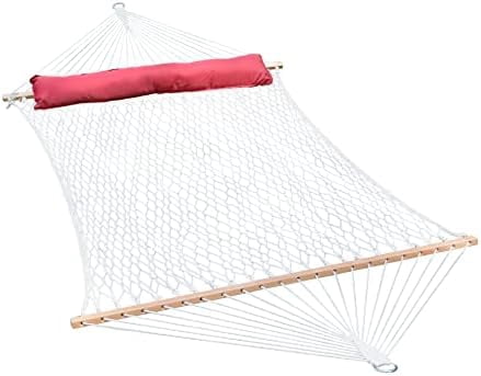 Algoma Net 13' Cotton Rope Hammock with Pillow - Double Person - 60x82 inch Bed - Fits 15' Stand - Natural Cotton Rope & Hardwood Spreader Bars