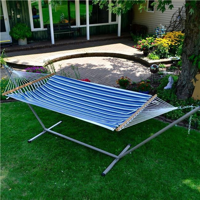 Blue and White Polyester Hammock with Steel Stand