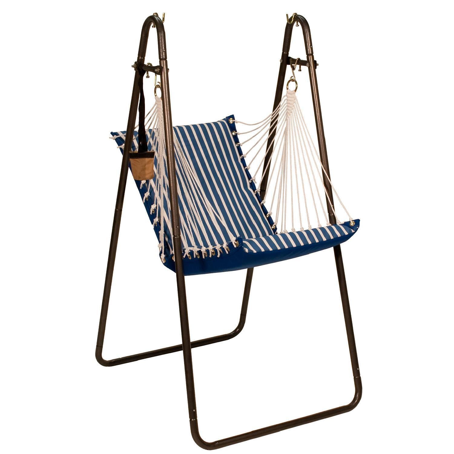 Regatta Blue Striped Sunbrella Hanging Chair with Cushions and Stand