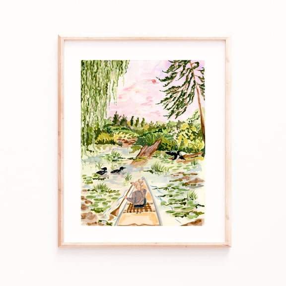 Algonquin Park Wall Art: Canoe and Loons - Pastel Gouache Print Poster Art Print Home Decor, Unframed Poster Size 8x12 F03.1.20l328