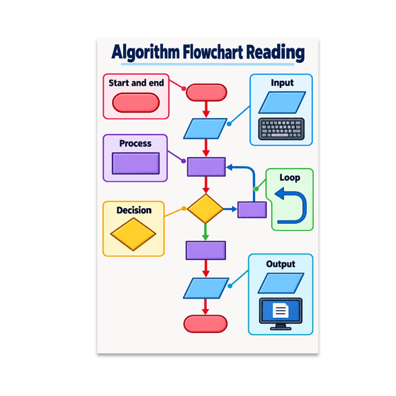 Algorithm Flowchart Reading Guide - Computer Science Classroom - 13x19 Poster Print