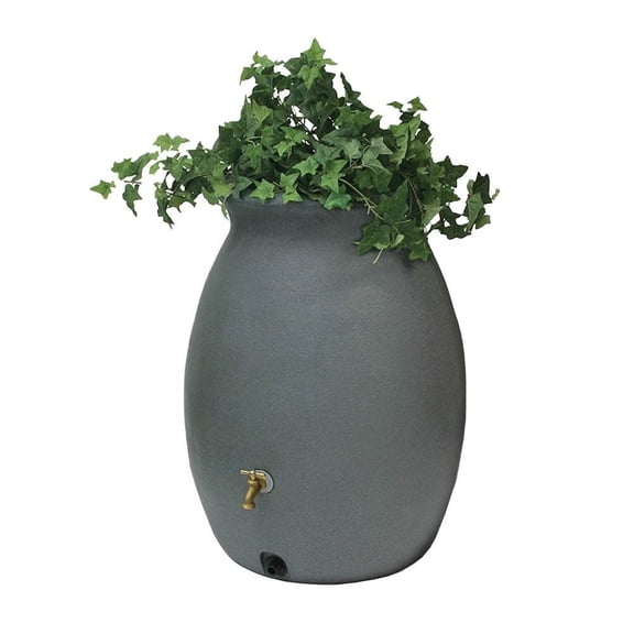 Algreen Castilla 50 Gallon Plastic Rain Water Collection Barrel Drum, Charcoal