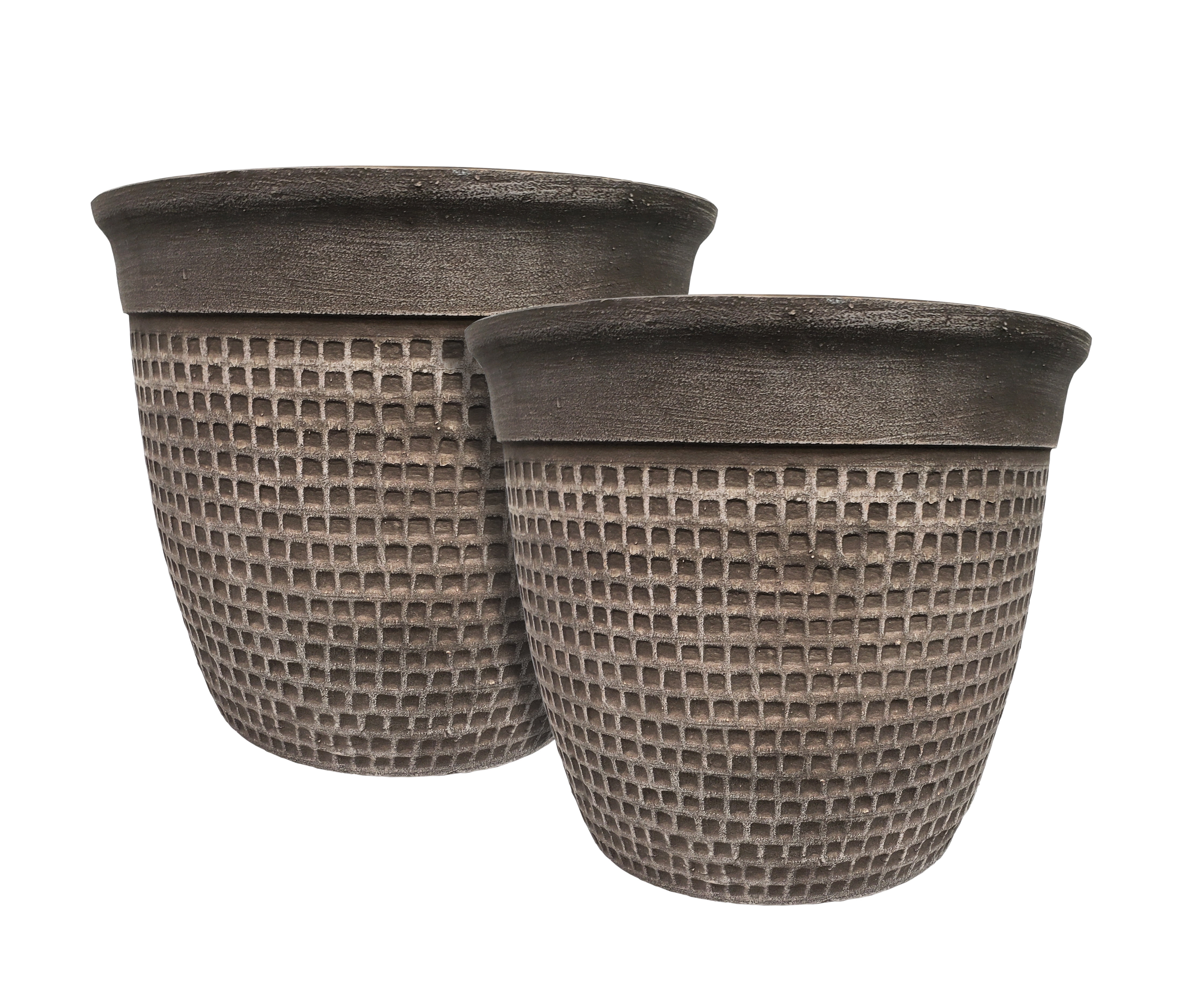 Valencia 16.5" Brown Stone and Resin Round Outdoor Planters, Set of 2