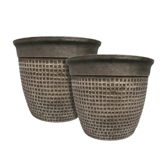 Algreen Products 16"x 16"x 14" Round Brown Stone and Resin Mosaic Plant Planters (2 Pieces)