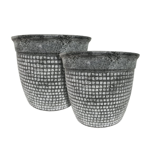 Algreen Products 16"x 16"x 14" Round Gray Stone and Resin Mosaic Plant Planters (2 Pieces)