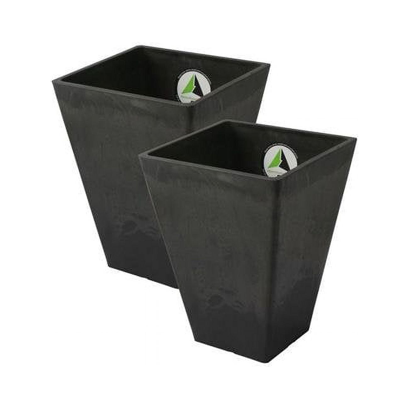 Valencia Black Composite Resin Square Planters with Watering Trays, 13-Inch, Set of 2