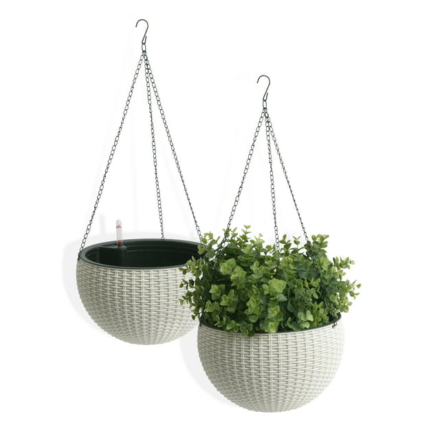 Algreen Wicker 10" Hanging Basket Planter, Self-Watering, Rattan White, 2 PACK