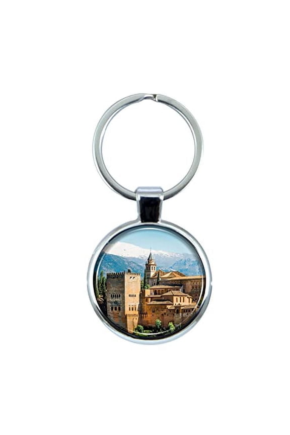 Alhambra Grandada Spain Keychain with Epoxy Dome and Metal Keyring