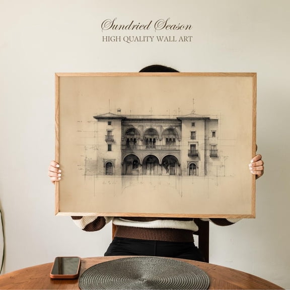 Alhambra Palace Architectural Drawing Print, Historic Moorish Arches & Balconies, Vintage Islamic Architecture Wall Art, Office Gallery Wall, Unframed Poster Size 8x12