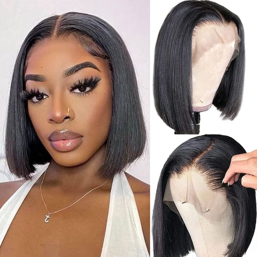 Ali Grace 13x4 Lace Front Bob Wigs Pre Plucked Bleached Knots 13x4 Short Bob Human Hair for Black Women 180% Density 10A Brazilian Virgin Hair Glueless Wigs with Baby Hair Halloween Wig 10 inch