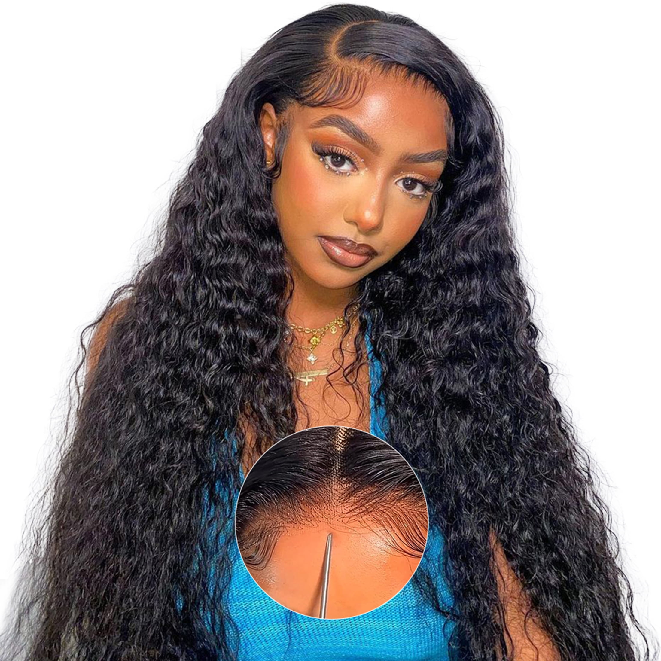 Ali Grace 5X5 HD Lace Closure Wigs Human Hair,Wear and Go Glueless Wigs Human Hair Pre Plucked Pre Cut Lace No Glue,5X5 Water wave wigs human hair 180% Density Natural Black for Women 20 Inch