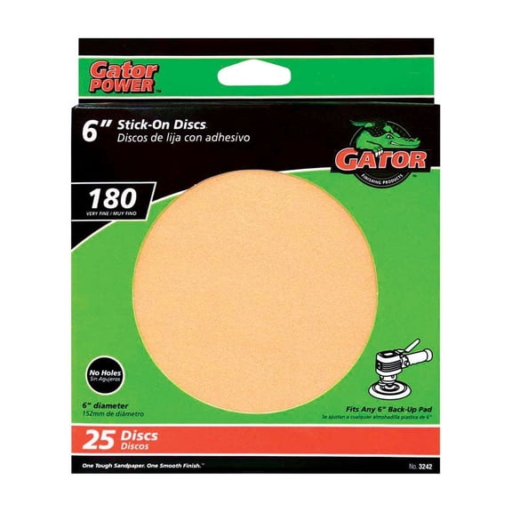 Gator 3242 Sanding Disc, 6 in Dia, Coated, 180 Grit, Very Fine, Aluminum Oxide Abrasive, Paper Backing
