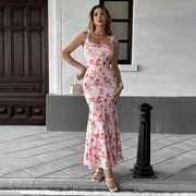 AliExpress cross-border European and American womens clothing, sweet and pure style floral pink long dress, vacation seaside dress