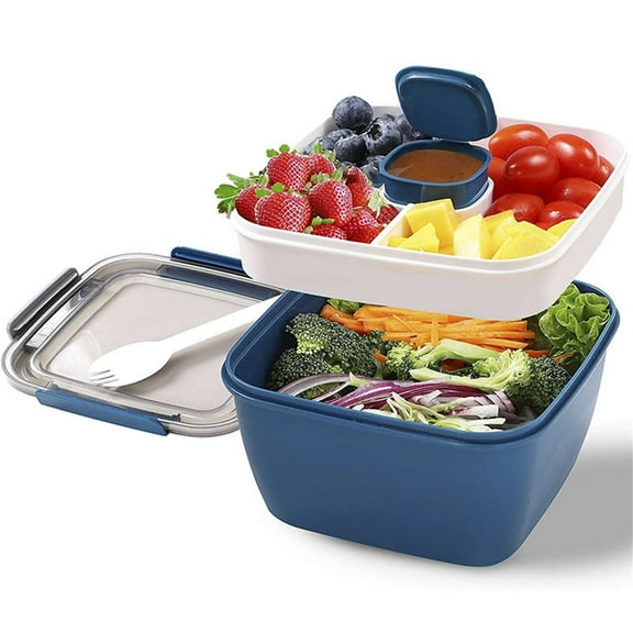Alialene Salad Lunch Containers To Go, 52 oz Bowls with 3 Compartments, Dressings Container for Toppings, Men, Women (Blue)