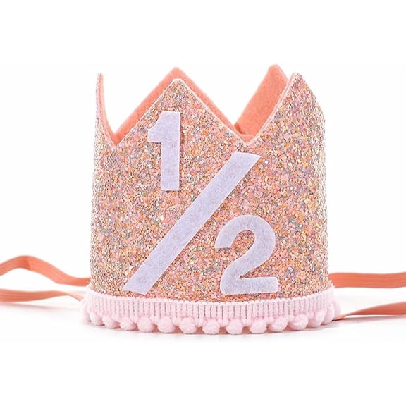Alianzeo Half Birthday Party Crown, 1/2 Pink Birthday Party Hat for baby Girl or Boy, Glitter Crown hat for 6 Month baby