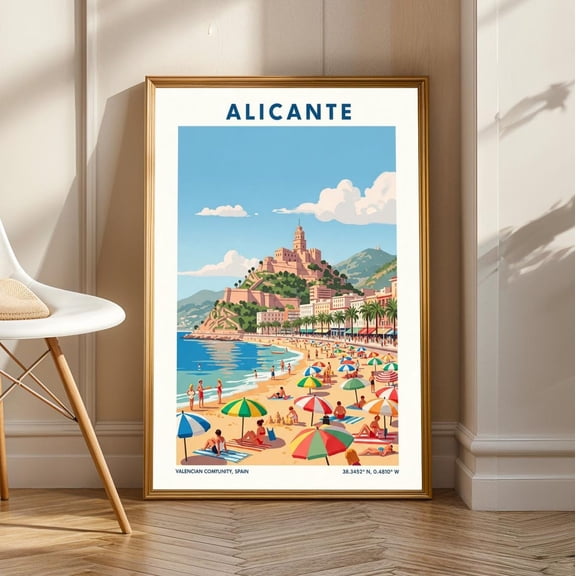 Alicante Beach Scene Print: Vintage Mediterranean Travel Poster, Stretched Canvas Size 12x18