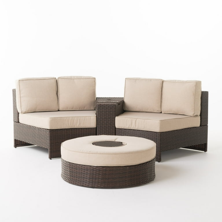 Alicante Outdoor Wicker 4 Piece Semi Circle Seating Set with Ice Bucket Ottoman Beige